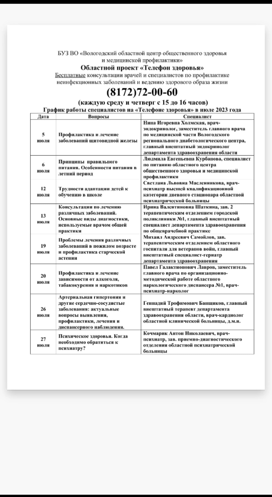 График работы специалистов на «Телефоне здоровья» в июле 2023 года.